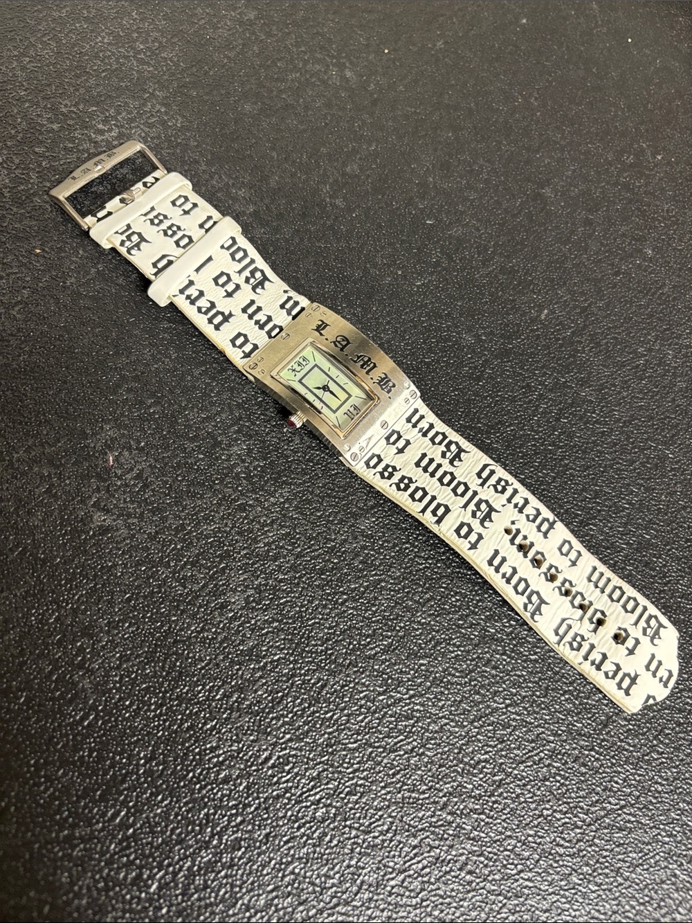 VTG L.A.M.B. Gwen Stefani Silver Tone Text Leather Strap Watch Y2K